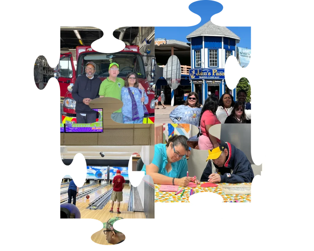 Collage of API participants and staff on community outings, bowling and doing crafts
